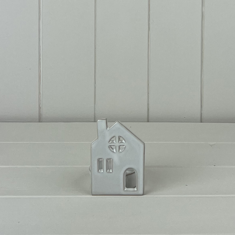 White Ceramic House Tealight Holder with Circle Window detail page